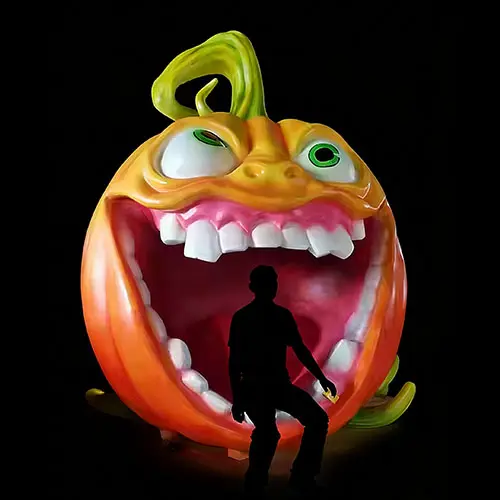 Giant funny Halloween pumpkin fiberglass sculpture, oversized cartoon character photo op prop, outdoor decorative lighting for farm amusement parks, commercial holiday display, viral social media photo booth, custom large-scale decorative sculpture with open mouth.