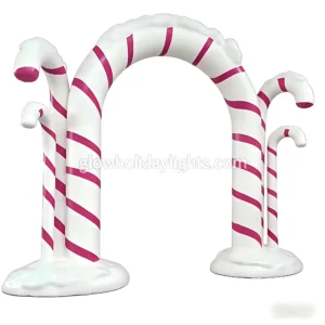Festive candy cane arch with classic red-and-white stripes, paired with matching candy cane pillars. Ideal for Christmas displays, perfect for entrances, malls, and outdoor yards to create a sweet holiday atmosphere.