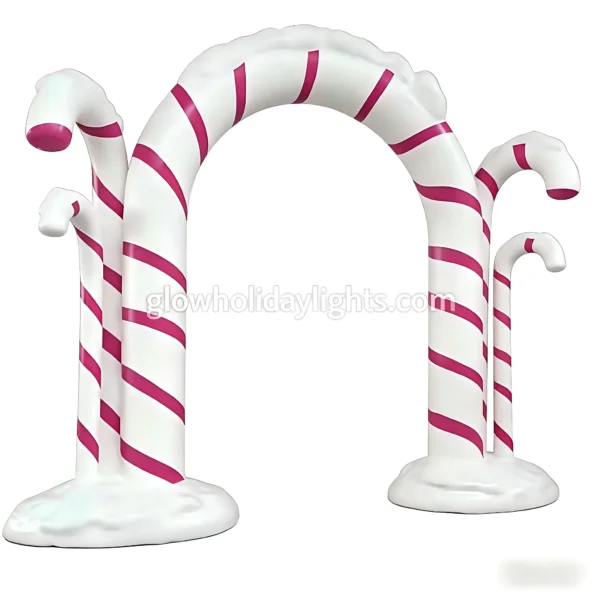 Festive candy cane arch with classic red-and-white stripes, paired with matching candy cane pillars. Ideal for Christmas displays, perfect for entrances, malls, and outdoor yards to create a sweet holiday atmosphere.