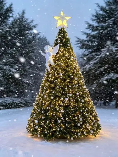 Large outdoor artificial Christmas tree, premium business holiday display for public areas