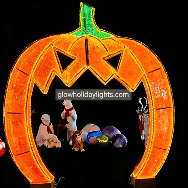 Halloween Pumpkin Arch LED Motif Light Illuminated Halloween pumpkin arch LED motif light featuring a glowing jack-o'-lantern face with green stem. Pre-installed on a sturdy frame, it creates a striking focal point for Halloween entrances, yards, and events, delivering spooky-fun nighttime ambiance.