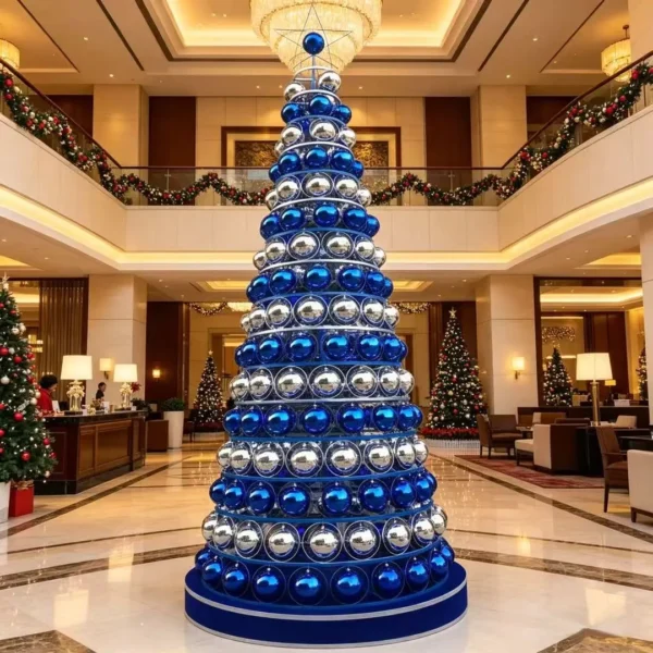 Luxury hotel lobby featuring a large spherical Christmas tree with festive lights and baubles during holiday season