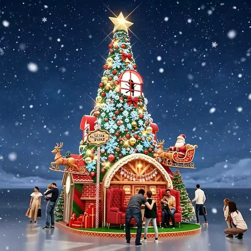 Stunning giant commercial Christmas tree, seasonal art installation for downtown plaza
