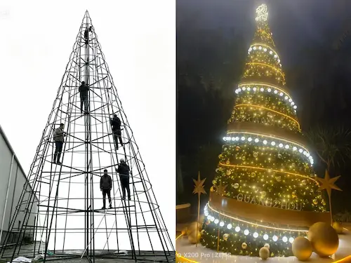 Illuminated giant Christmas tree, commercial holiday landscape design